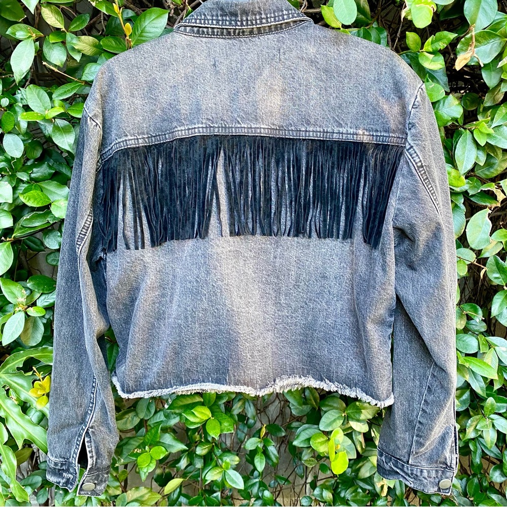 Black Cropped Denim Jacket with Suede Fringe